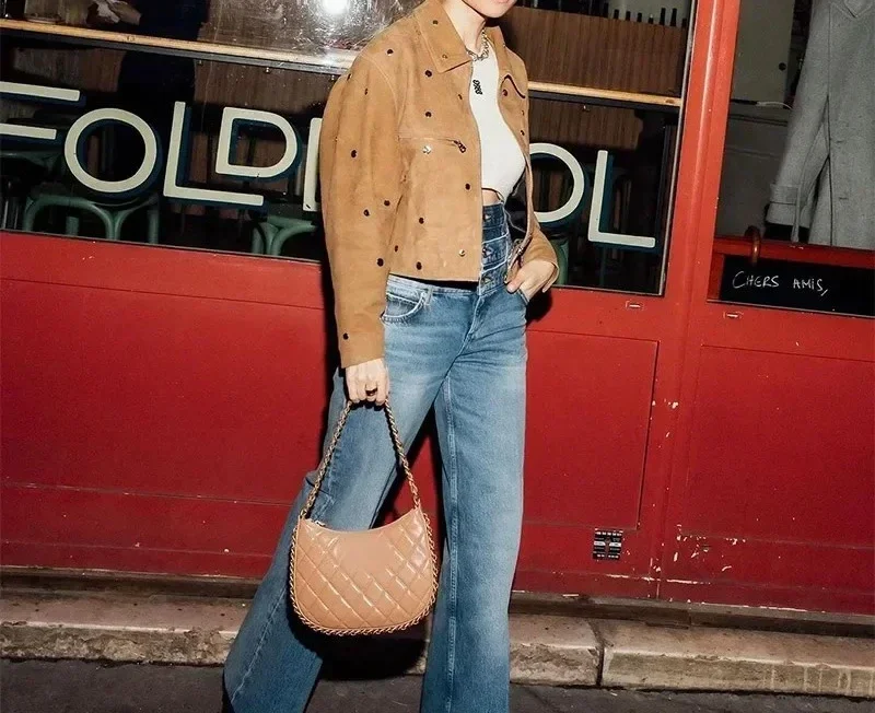 سترة نسائية لخريف 2025 بمزاج أنيق وطية صدر السترة من جلد الغزال سترة قصيرة #2