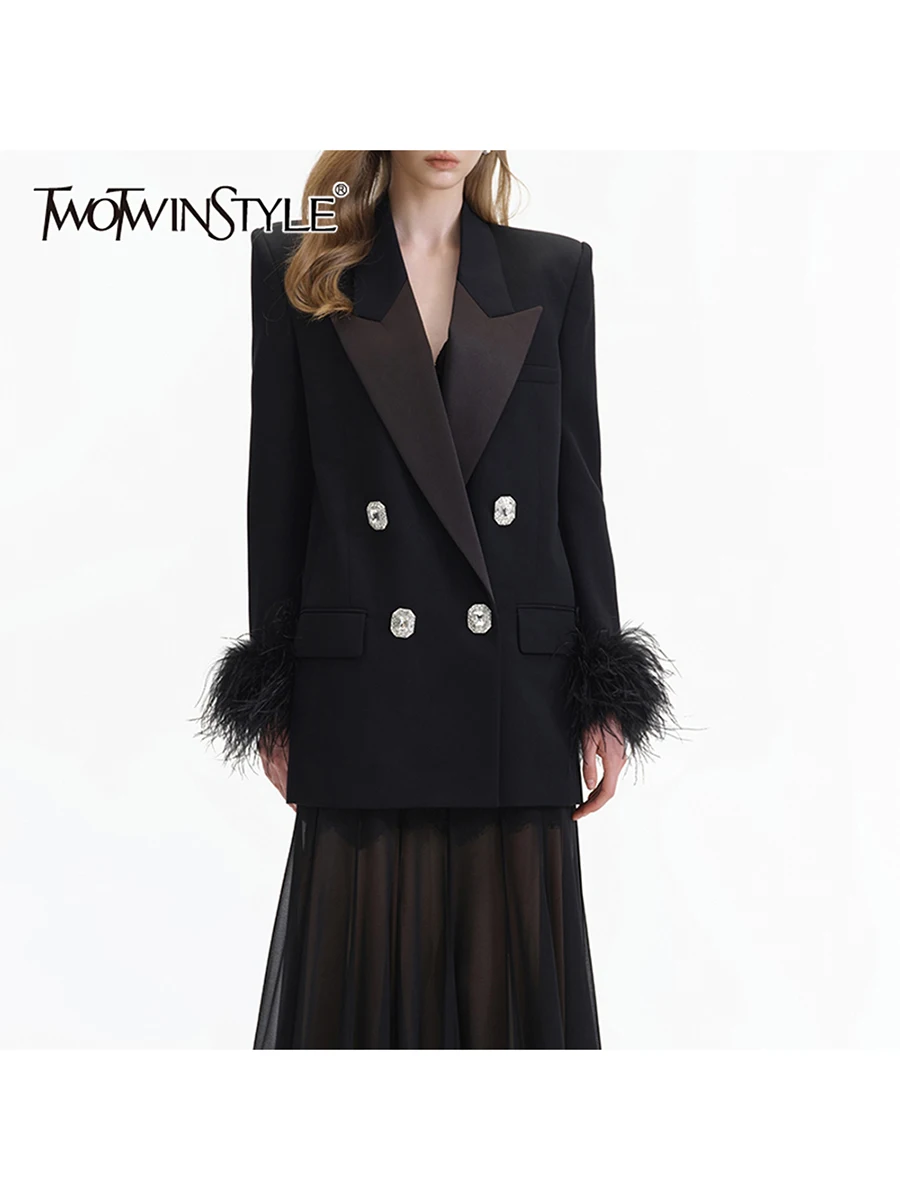 

TWOTWINSTYLE Solid Spliced Feathers Elegant Blazers for Women Lapel Long Sleeves Patchwork Diamond Buttons Blazer Female Fashion