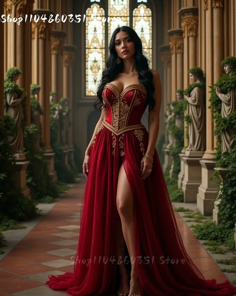 Side Slit Sexy Prom Dress Long Burgundy Tulle Special Occasion Gown With Gold Lace Appliques Vintage reception Party Customized