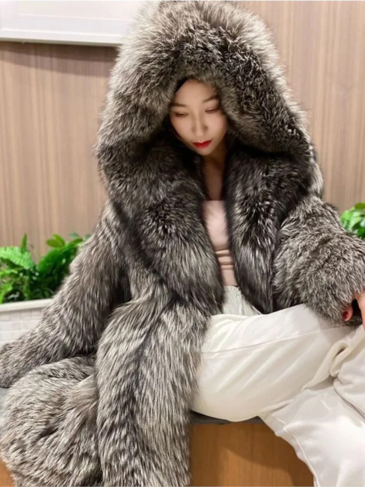

Windproof Women Winter Eco Fur Jacket Gradient Fur Trim Hooded Long Lady's Artificial Fur Coat Temperament Female Mink Fur Coat