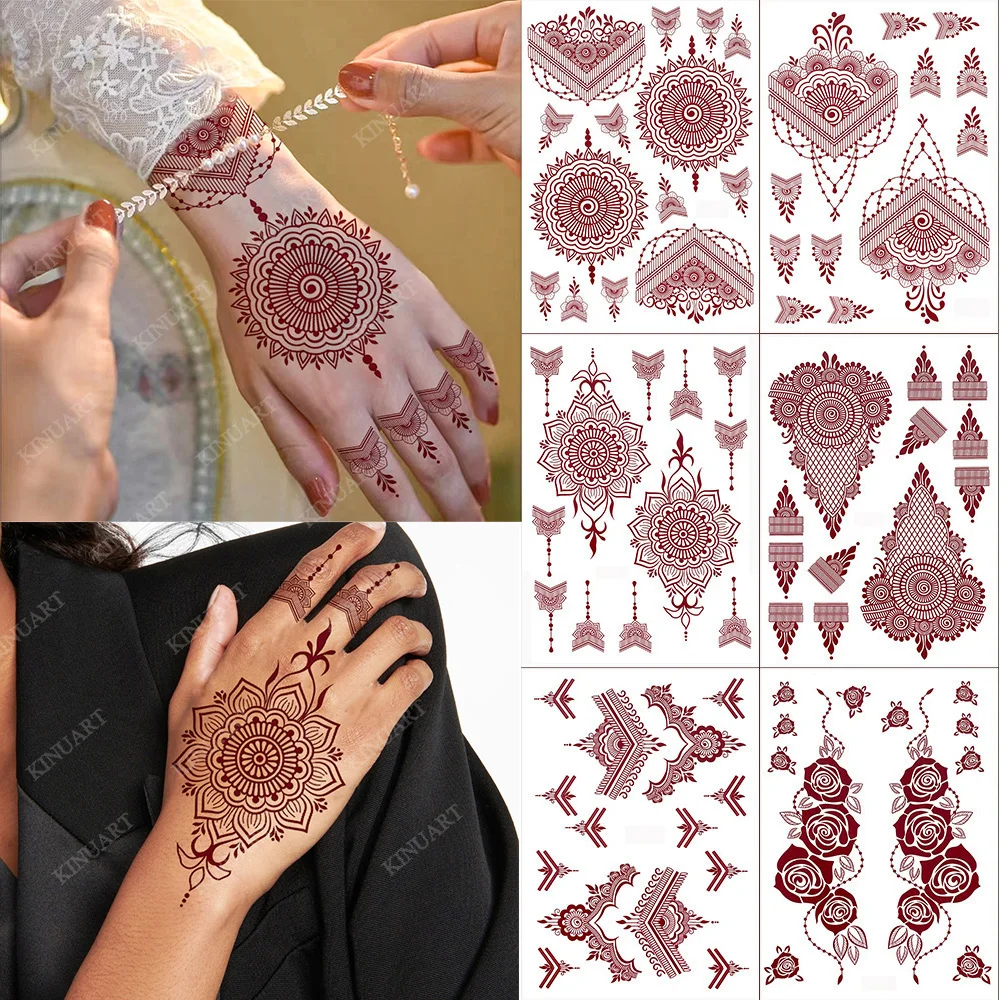 Maroon Henna Tattoo Stickers for Women Waterproof Temporary Tattoos  for Hand Flower Fake Tattoo for Wedding Festival Body Art