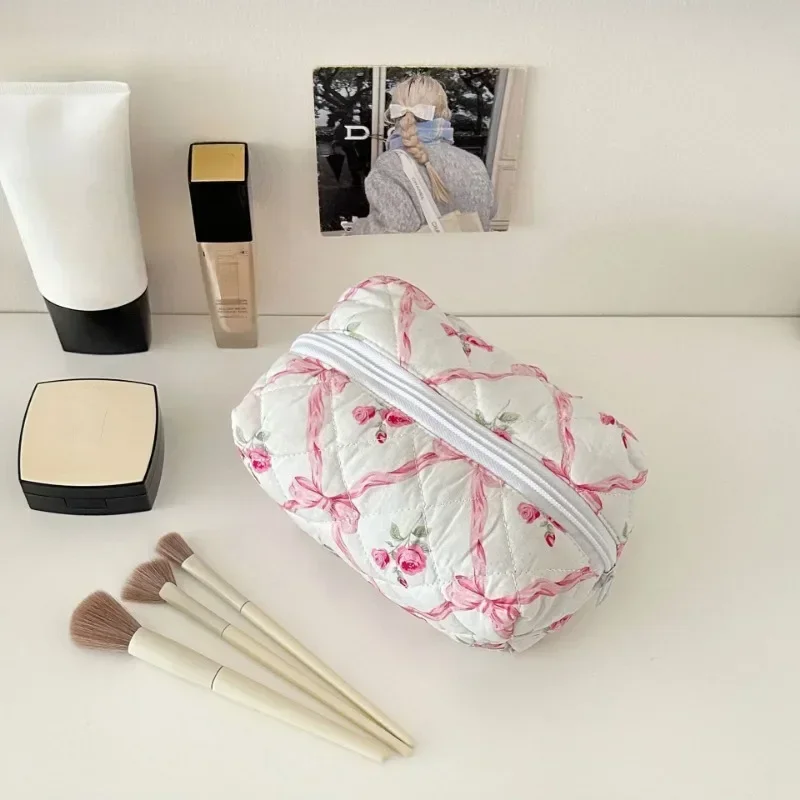 Bolsa de maquiagem floral feminina, bolsa de cosméticos com laço coreano, bolsa de mão, organizador de armazenamento de cosméticos, bolsa de higiene pessoal, estojo de beleza