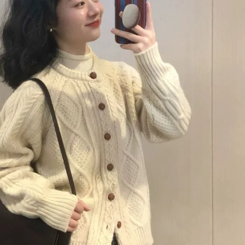여성 가을/겨울 새로운 디자인 케이블 니트 카디건 스웨터 Lose-Fit 다목적 부드럽고 유연한 탑 폴리 에스터 섬유 따뜻한 열 