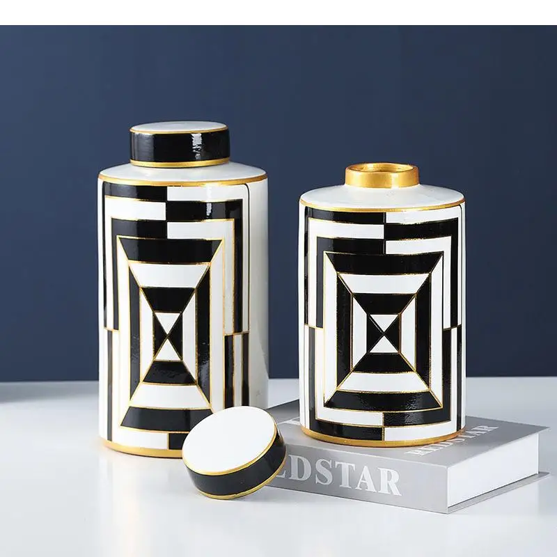 

Gold-plated Stripe Ceramic Jar Crafts Porcelain Storage Jars with Lids Desk Decoration Tea Caddy Candy Pots Cereal Dispenser