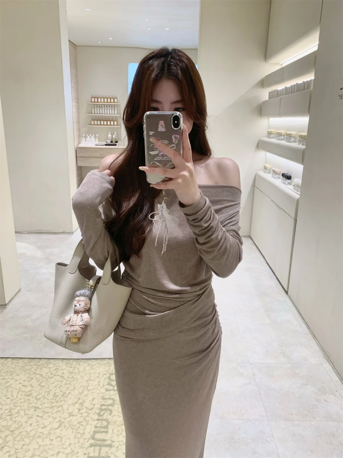 

Гладкий шелковый вязаный комплект из двух предметов Baby6 Red Maple Le с остечками, ансамбль French Sle Long Sve для женщин