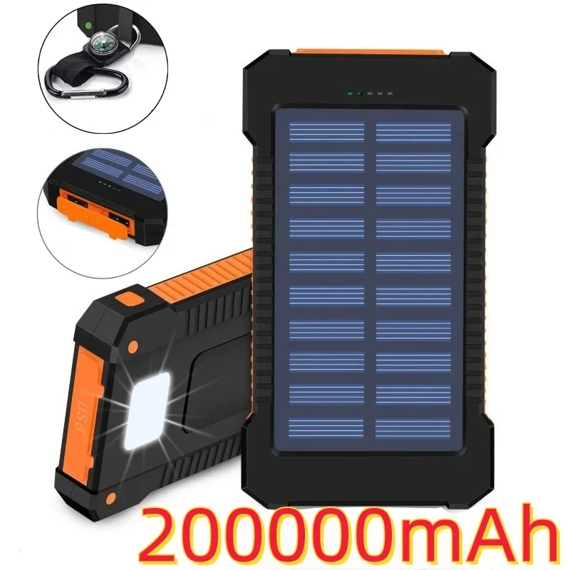 200000mAh Portable Solar Power Bank External Battery Fast Charging Waterproof Powerbank with SOS Flashlight Poverbank for Xiaomi