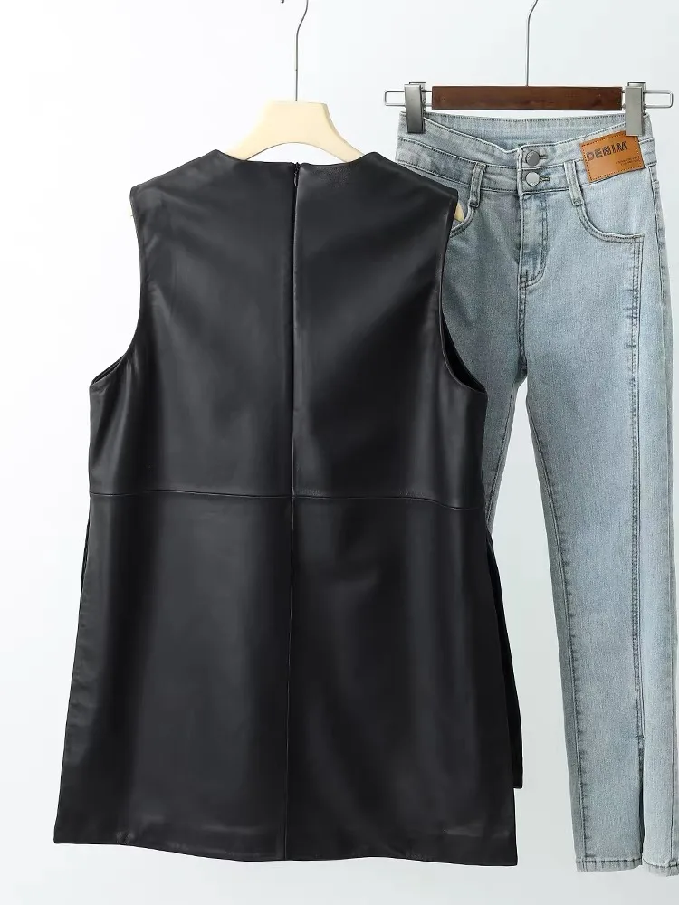Oversize Black Pullover Genuine Leather Vest for Waistcoat Women New Advanced Design Round Neck Slit Big Pockets Tank Top Coat