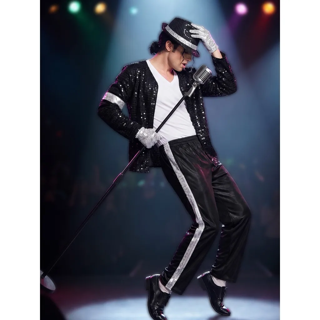 Michael Jackson Pailletten-Kostümset für Erwachsene und Kinder, silberfarbene Streifenjacke, Hose, Hut, Handschuhe, Beinwärmer, Pop-Star-Outfit – Detail 9