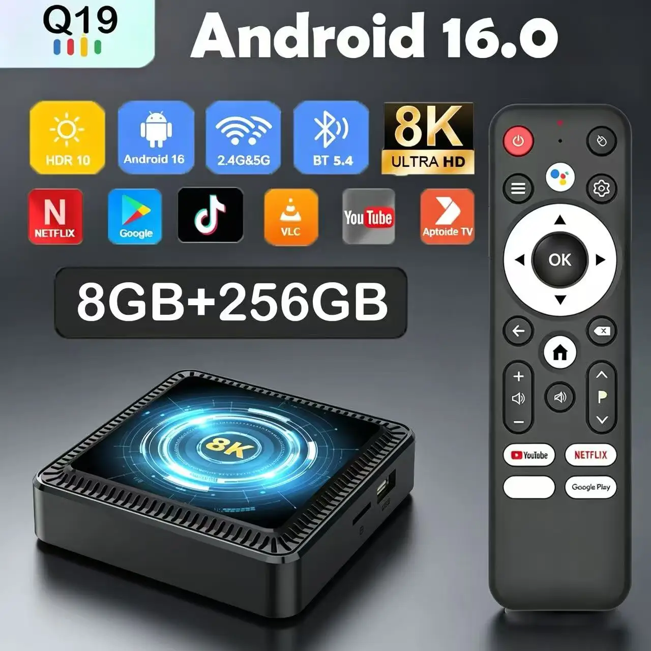 Android 16 TV Box Q19 8K Ultra Allwinner H618 8GB+256GB Blue