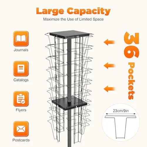 36 Pockets 360°Rotating Magazine Rack Holder Brochure Display Stand, 132lbs Capacity Floor Mounted Magazine Racks