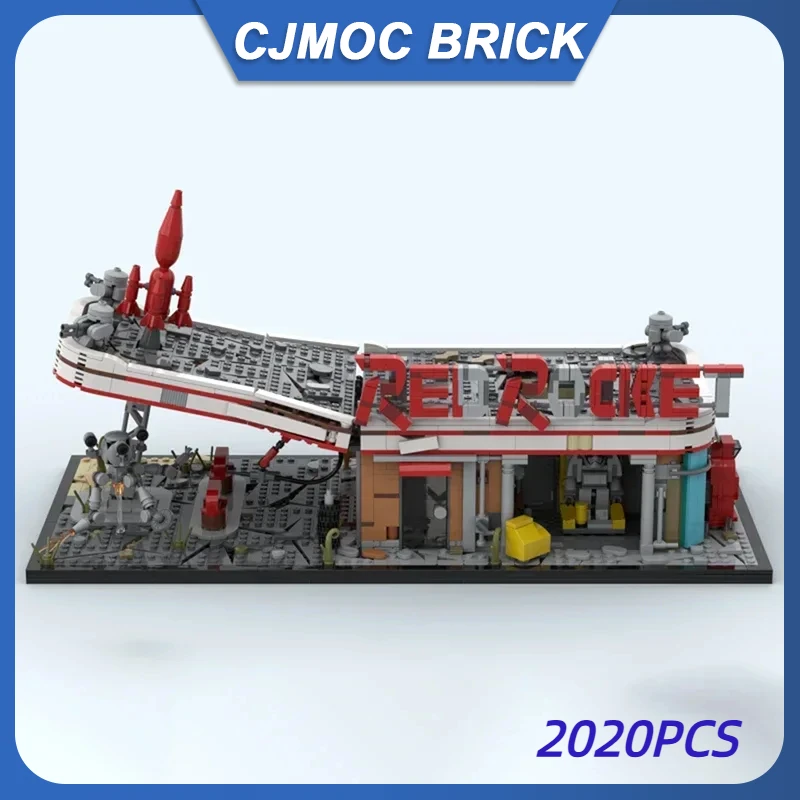 MOC Custom Modular Building Red Rocket Gas Station Street View Model Building Block Diy Creative Assembly Bricks Toys Kid Gift