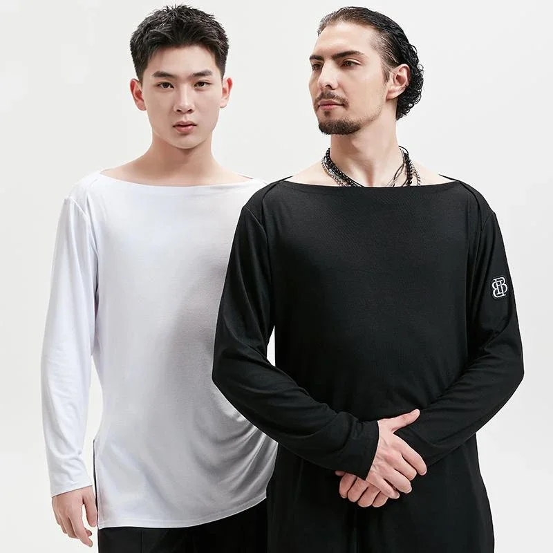 

Long Sleeves White Black T Shirt Cha Cha Rumba Dance Training Practice Clothes Adult Male Salsa Top Men Latin Dance Tops