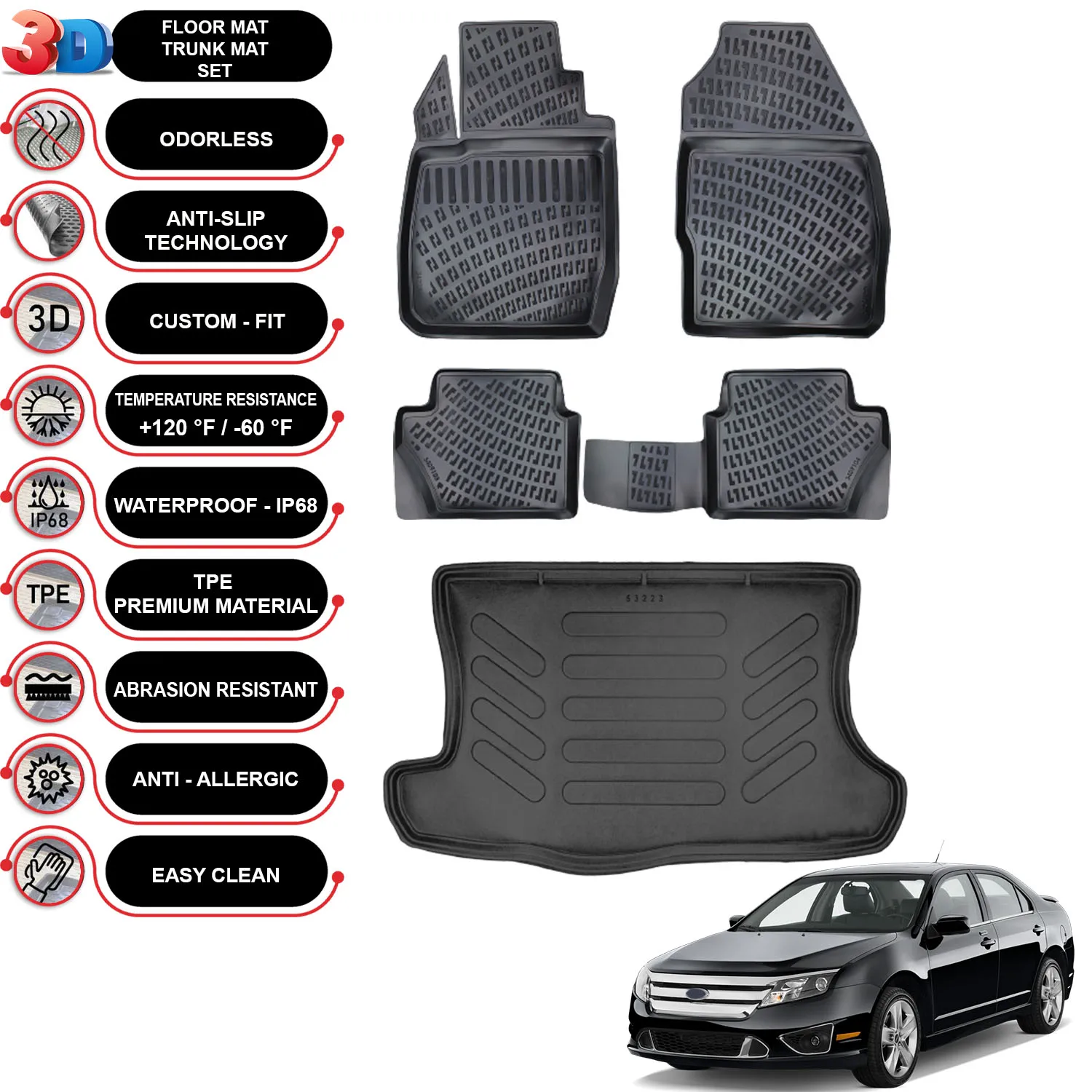 Ford Fusion - (2002-2010) - Floor Mats + Cargo Trunk Liner - SET - (Black)