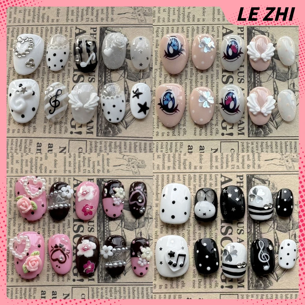 

Y2K Wings Flower Pearl Short Square Round Handmade Press On Nails Musical Notes Polka Point Eyes Diamond Reusable Fake Nails