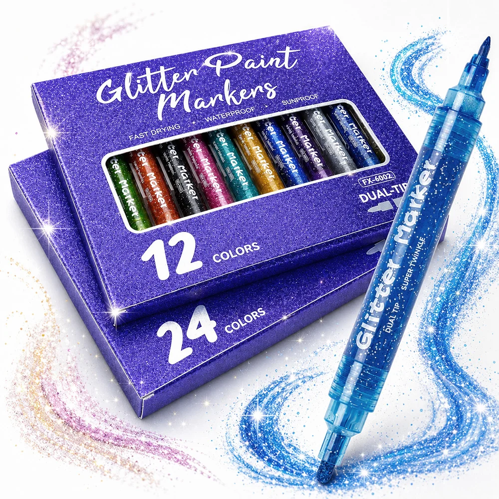 

12/24Colors Dual Tip Glitter Paint Marker Exquisite Journaling Decoration Craft Canvas Graffiti Waterproof Fast-Dry DIY Art Tool