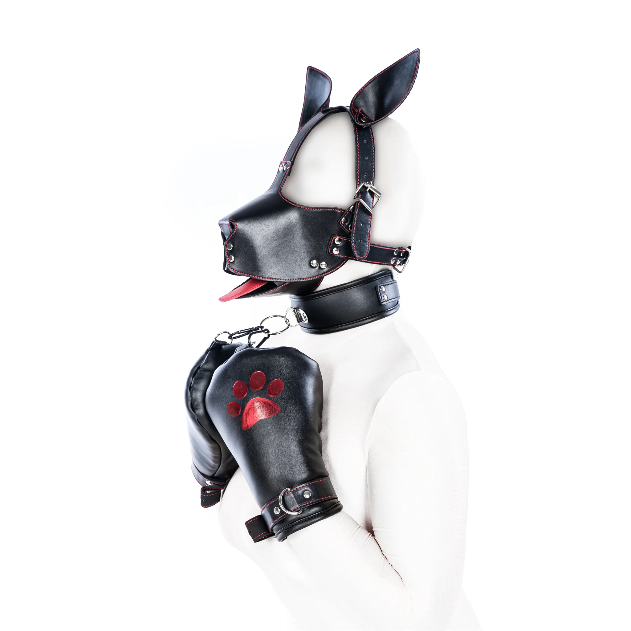 Dog Cosplay Costumes of Leather Restraints Collar and Half Face Mask with Fetish Gloves for Couples Bdsm Slave Bondage Flirting