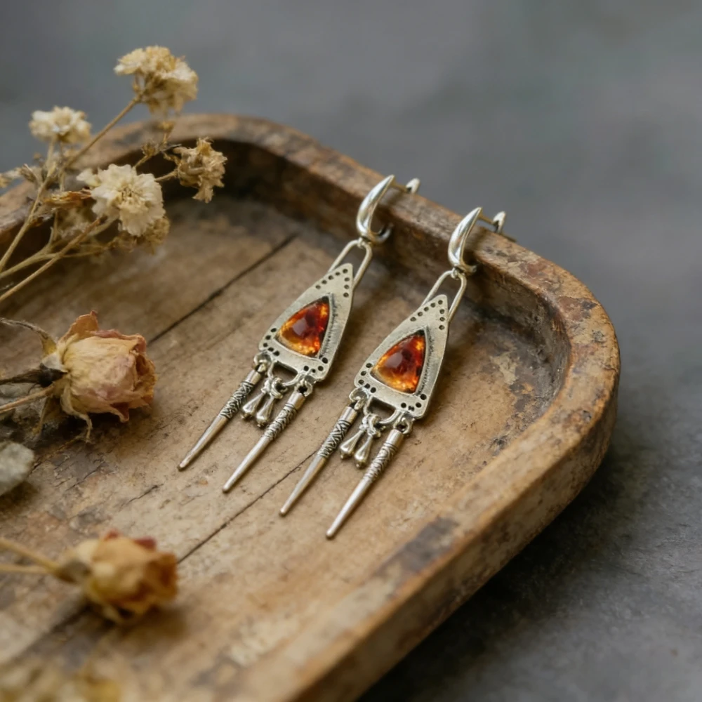 Triangle Dangle Earrings For Women Vintage Tribe Ethnic Handmade Tassel Inlay Amber Stone Eardrop Earring Female Wedding Jewelry