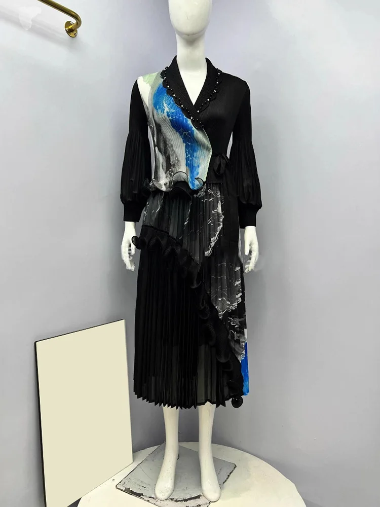 EGRM ใหม่ Miyake ชุดเดรสทรงเอจับจีบประดับด้วยลูกปัด Ruffled Panelling ‌   Spliced Design Loose Large Size with Stretch Prom Dresses 6R7195