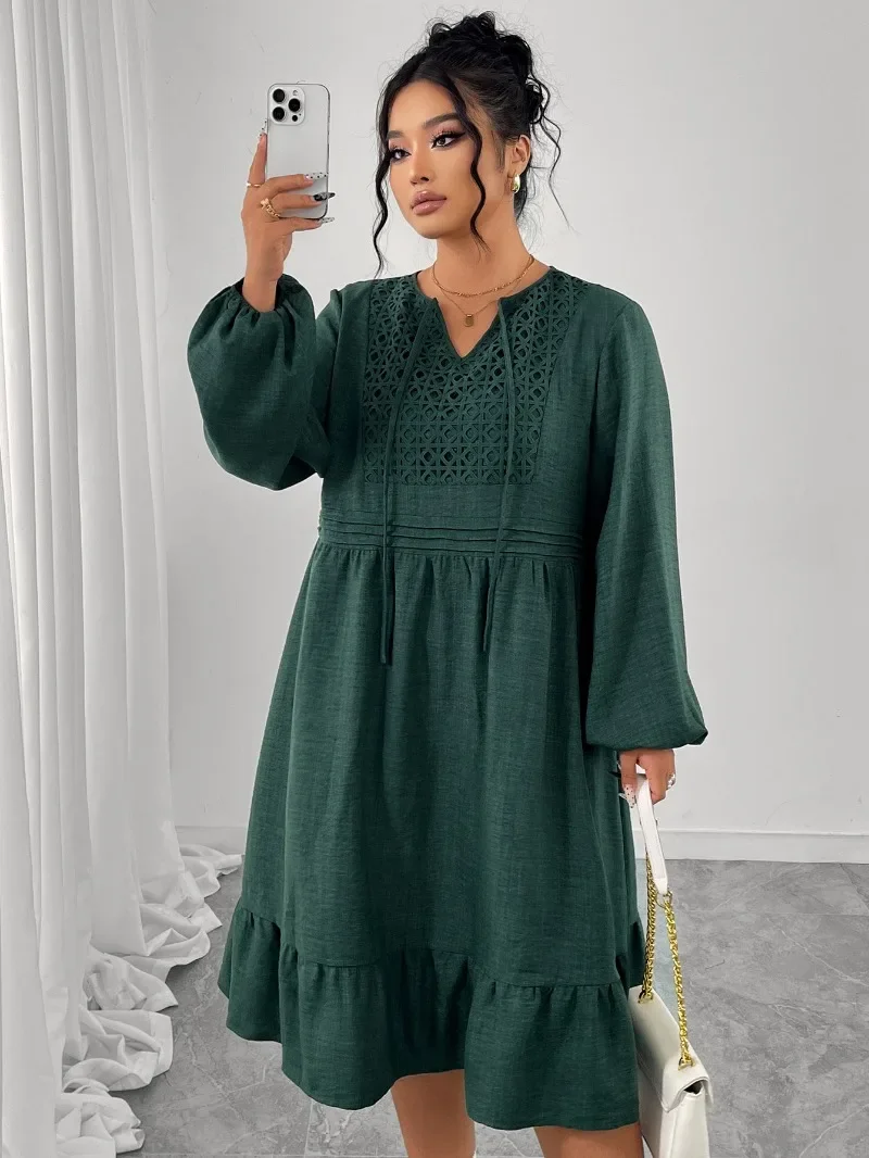 GUWU New Autumn Cotton Hemp Splicing Design Plus Size Dress Loose Bubble Full Sleeve Hollow High Waist Elegant Dress