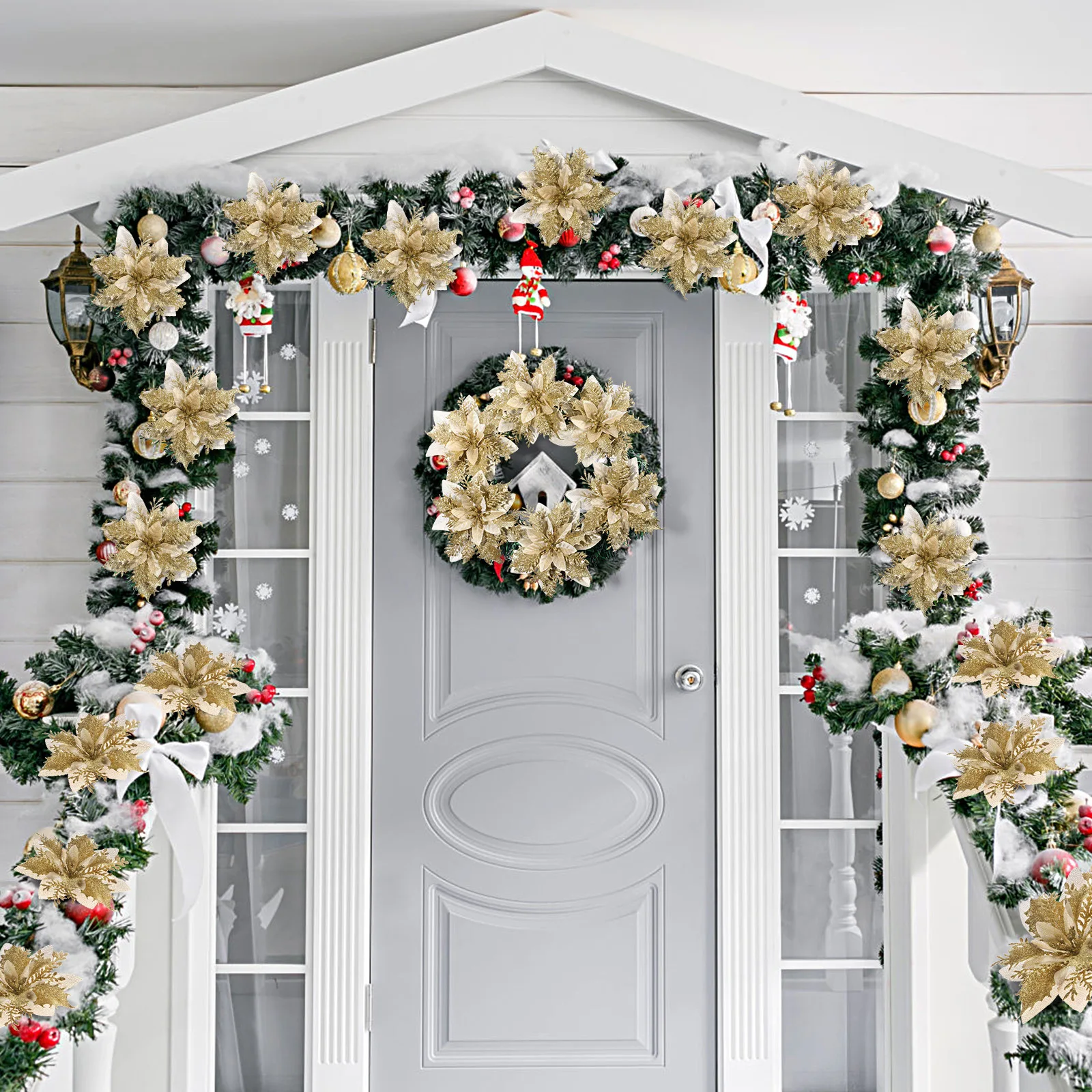 

12Pcs Christmas Glitter Poinsettia Flowers Artificial Christmas Tree Decorations Stems Clips Party Holiday Ornaments