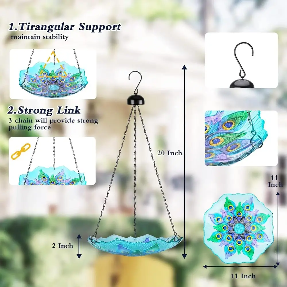11-inch Hanging Glass Bird Bath Outdoor Garden Yard Decor, Bird Drinking and Bathing