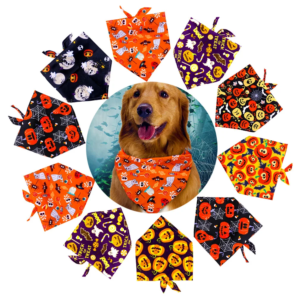 10pcs Pet Halloween Triangle Scarf Dog Cat Skeleton Mouth Scarf Ghost Pumpkin Bandanas for Dog Decoration