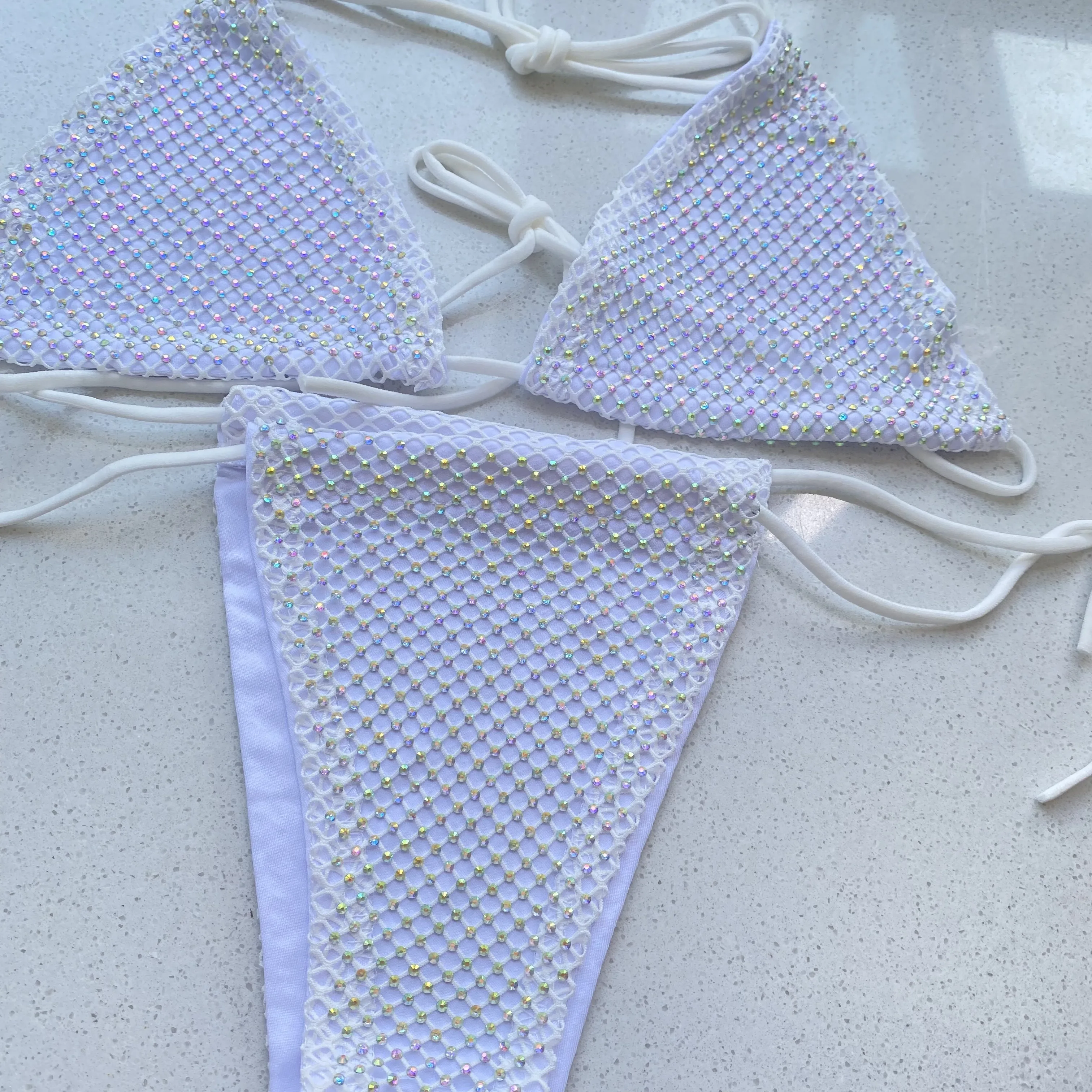 Zestaw Bikini kobiety luksusowy Bling Rhinestone różowy biały kryształowy diament seksowny strój kąpielowy Push Up