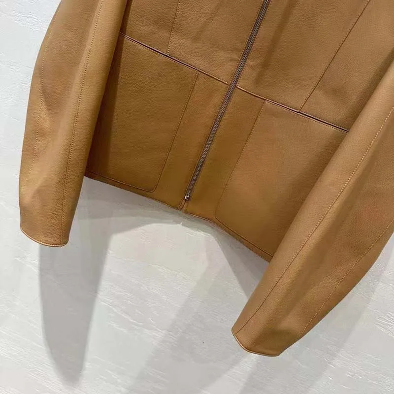 Genuine Leather Jacket 2024 New Arrival Drop-Shoulder Sleeve Women Coat Spring Short Length Fashion And Luxury Big Pocket