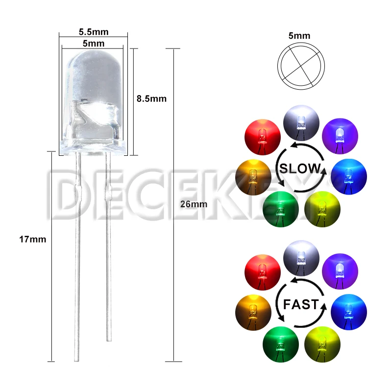 50pcs 5mm Multicolor Slow/Fast Flashing LED Diode Blinking Light Emitting Diodes 2 Pins Clear Round Lens Electronic Components