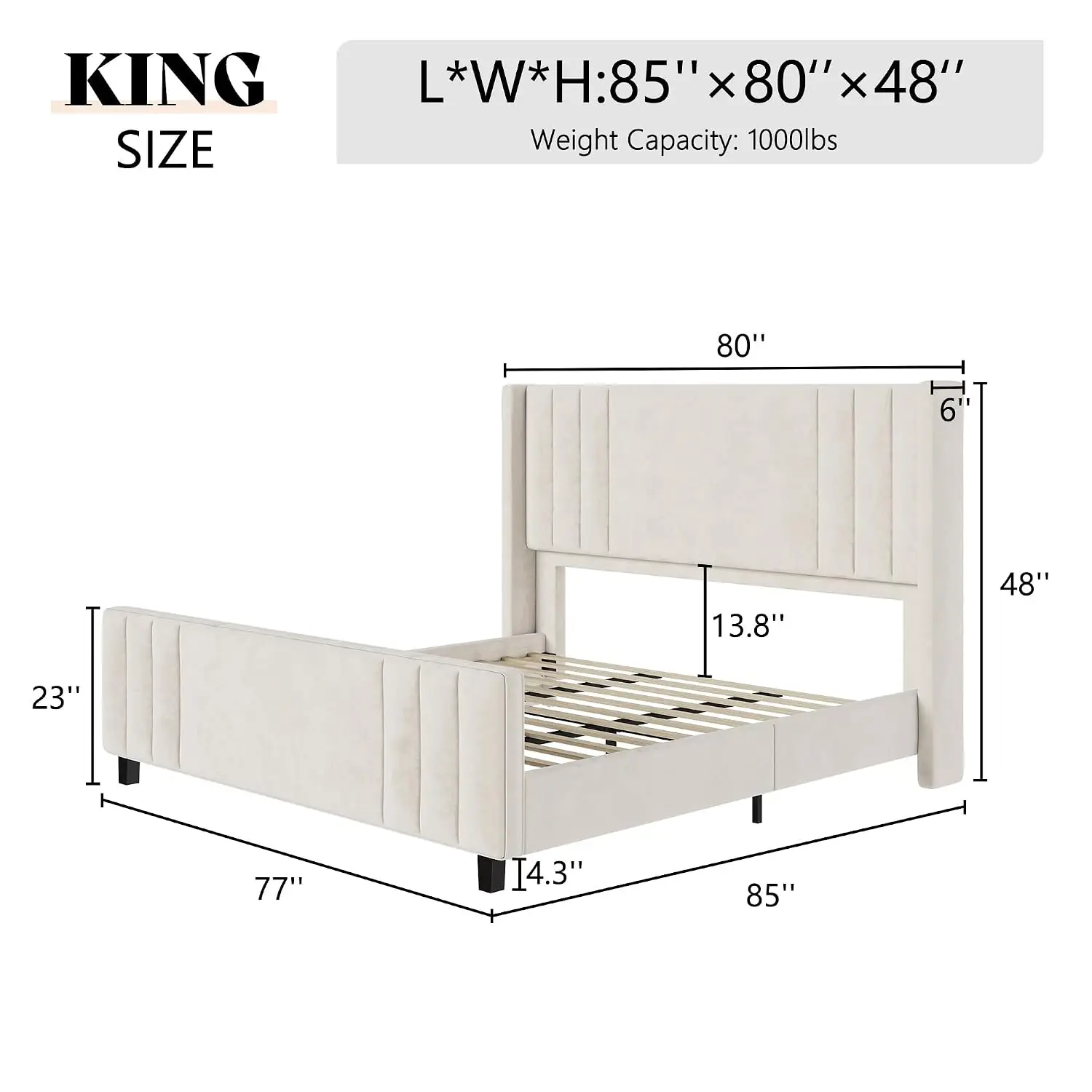 King Bed Frame Tufted Headboard Footboard Velvet Upholstered Platform Wingback Wood Slats No Box Spring, Customized