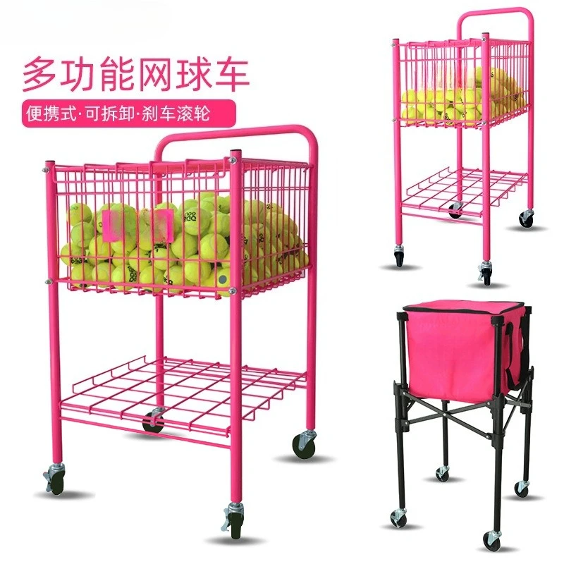 عربة تنس باللون الوردي النيون، عربة تغذية محمولة قابلة للطي، إطار كروي للتدريب بسعة كبيرة مع عجلات