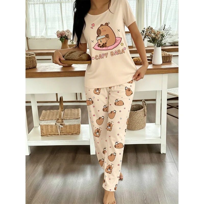 Cute Lady Drinking Milk Tea with a Capybara CAPY BARA Light Apricot-Colored Pajama Set with Letters, Hearts, and Stars Printed a