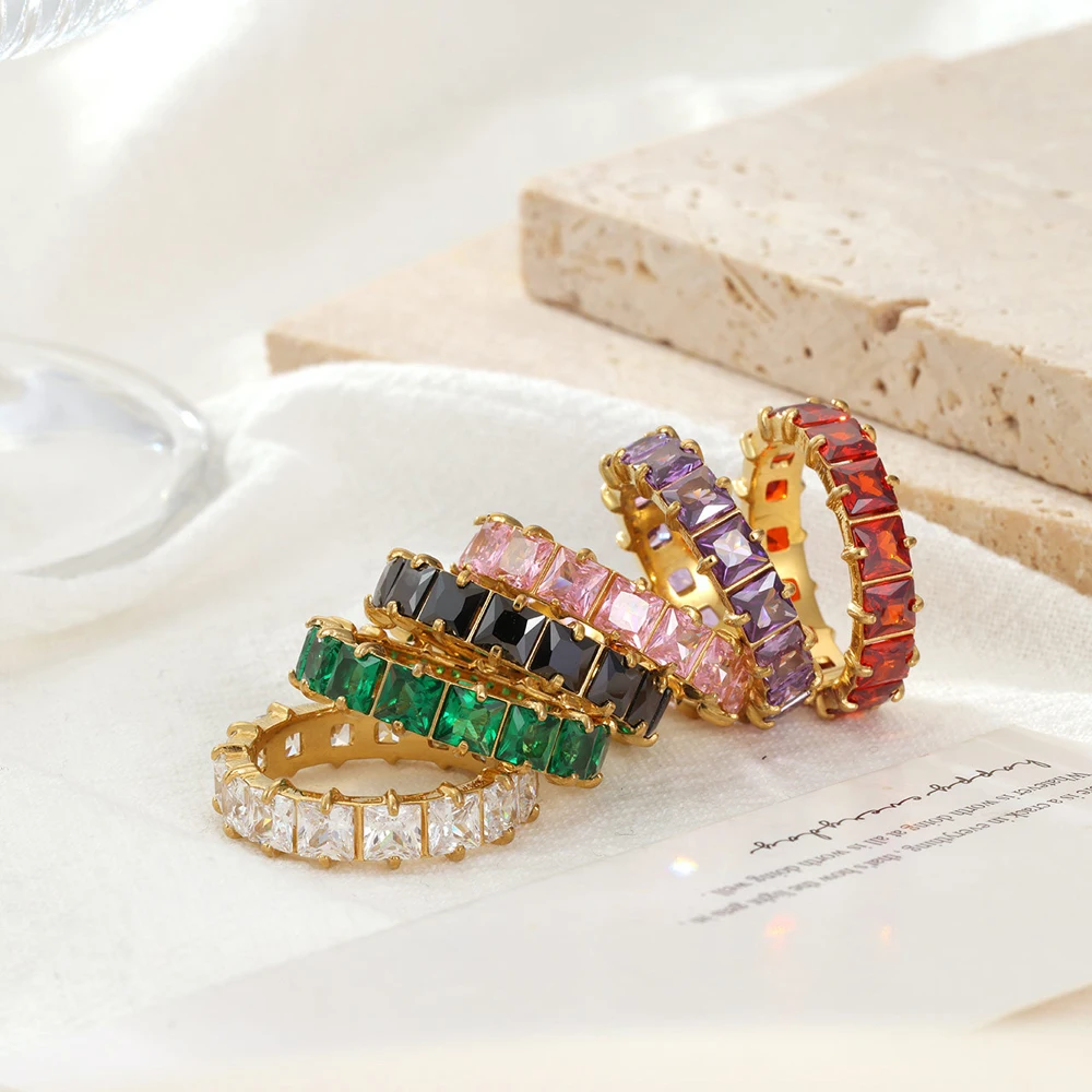 Damen Edelstahlring Vergoldet Minimalistischer Statement-Ring mit Bunten Kubischen Zirkonia Modischer Trendschmuck Geschenk – Detail 4