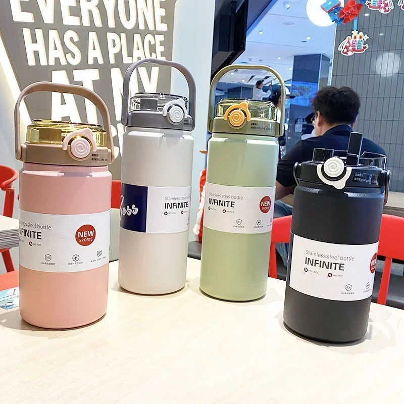 1L/1.2L Thermo Bottle Stainless Steel Large Capacity Vacuum Flask With Straw Tumbler Cold Hot Drinks Thermos Cup Gym Drinkware