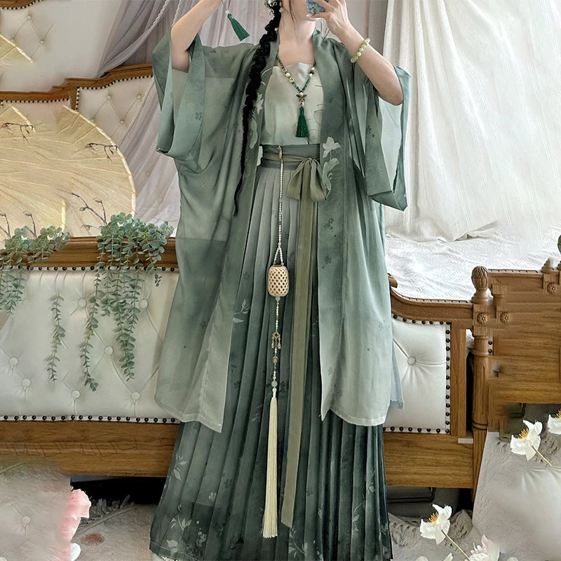 Summer New Hanfu Long Coat&strap&skirt Green New Chinese Style Hanfu Dress Women Elegant Han Clothes Flower Print Costumes