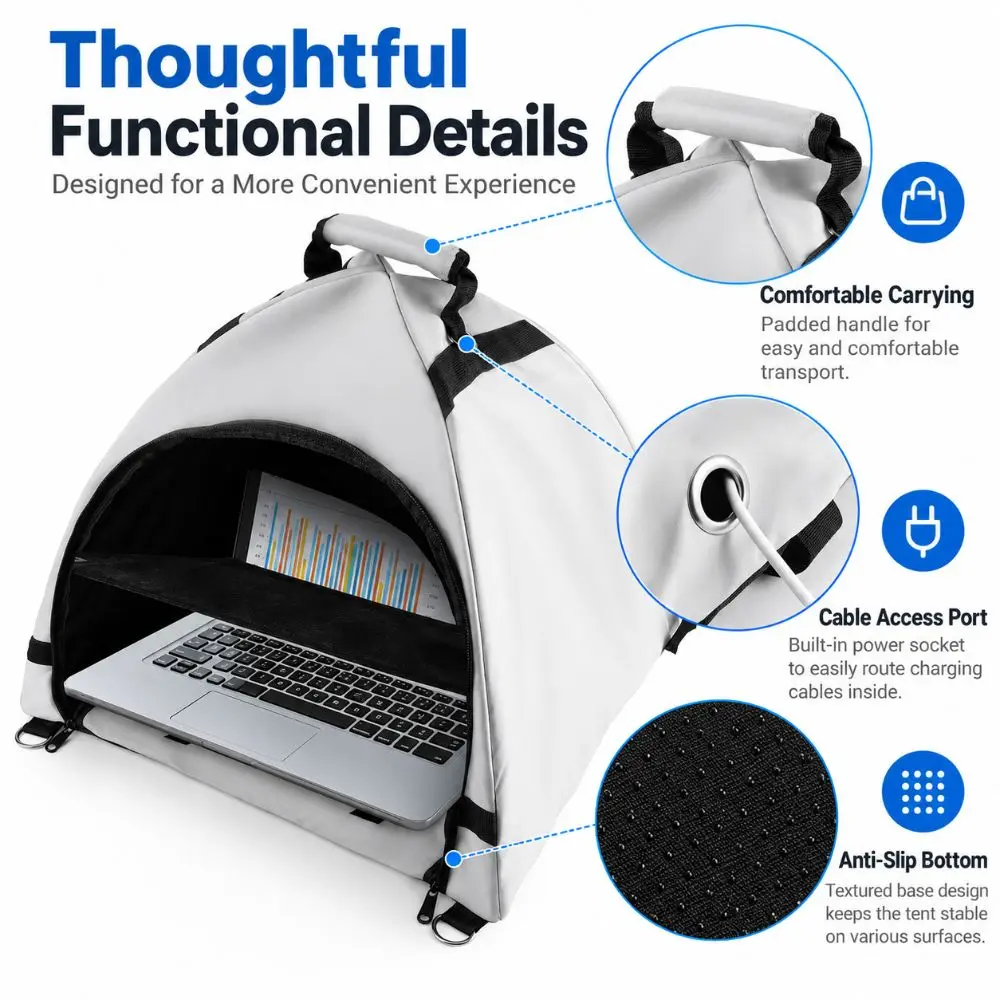 Anti-Glare Laptop Sun Shade Privacy Shield Anti-Slip Privacy Work Tent Portable Power Cable Access Screen Hood Outdoor Work