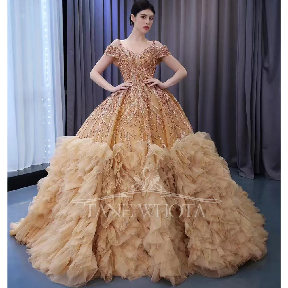 Robe de soirée de luxe personnalisable, col rond, manches cape, dos à lacets, perles et paillettes, Style 2025 pour femmes