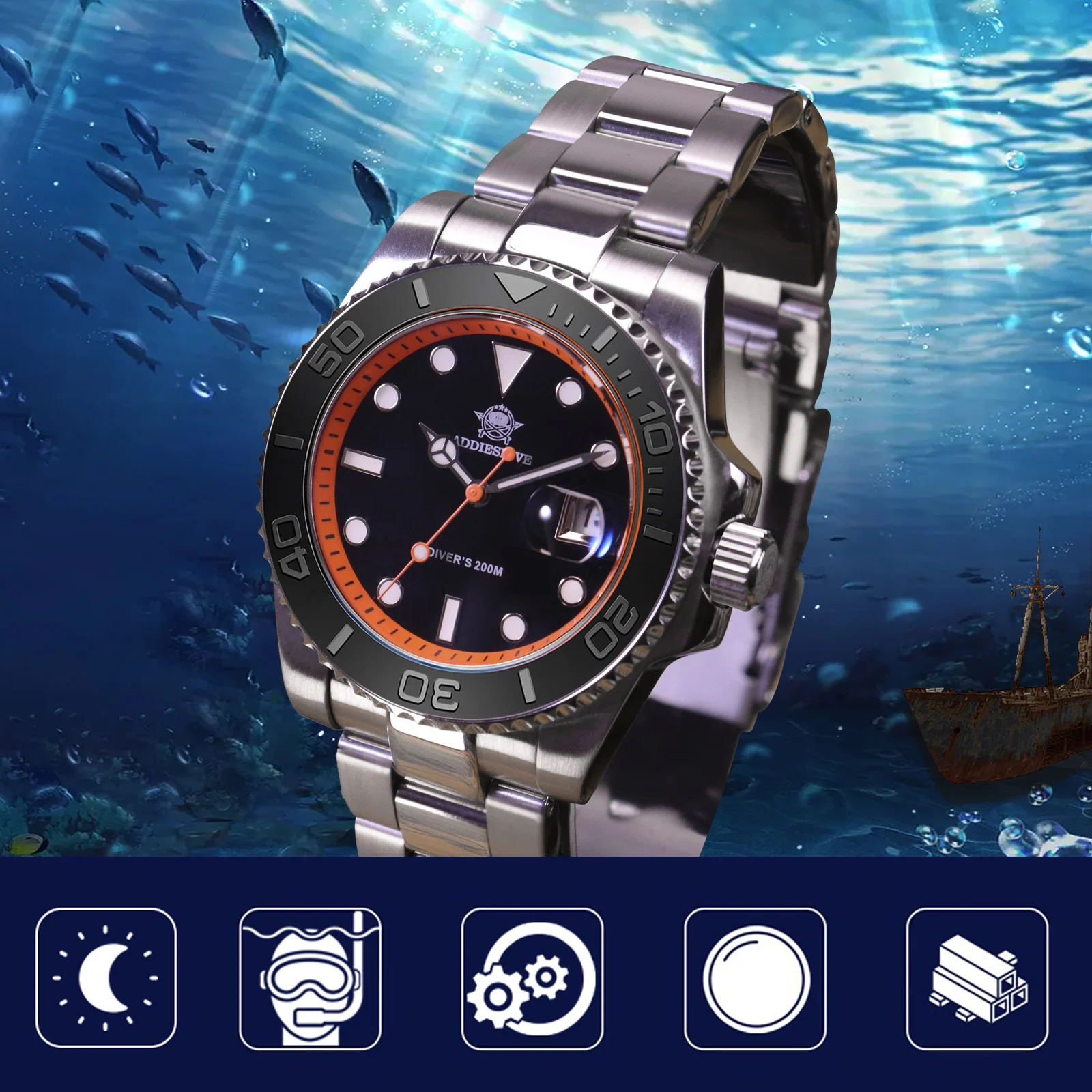 ADDIESDIVE Luminous Analog Watches Calendar Quartz Wristwatch 200m Water Resistance Stainless Steel Diving Business Mens Watch