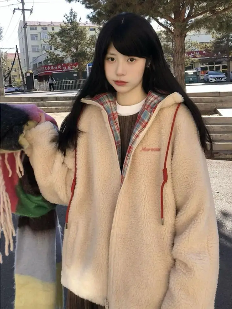 Literary and retro plaid wearing lamb wool coat on both sides Women's winter casual loose lamb wool cotton coat cotton coat