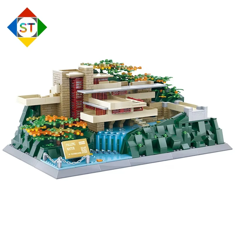 WG5232 World Famous Attractions Architectural Pennsylvania Flowing Water Villa Building Blocks Desktop Decoration Toys Boys Gift