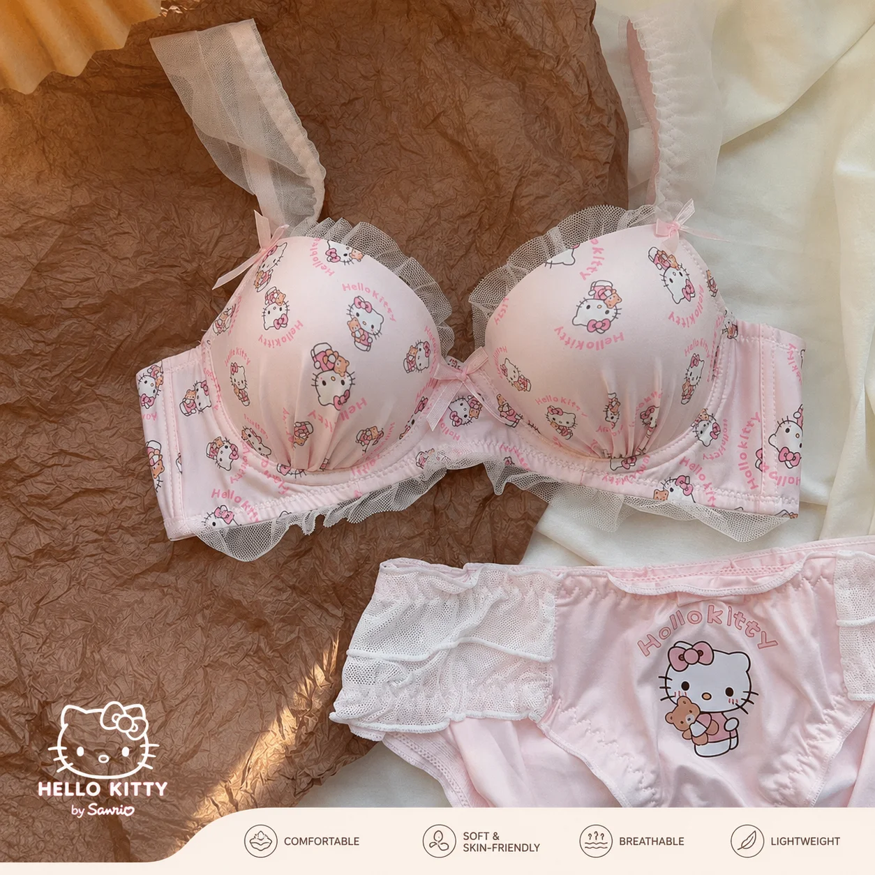 

Hello Kitty Sanrio Cute Lace Bra Set Sweet Bow Wireless Underwear Comfortable Skin-friendly Lingerie Set for Women