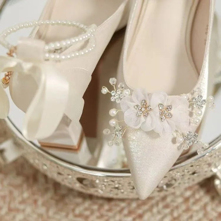 French-style Wedding Shoes, Bridal Shoes, Main Wedding Dress Shoes, Thick-heeled High Heels, White, Comfortable and Not Tiring