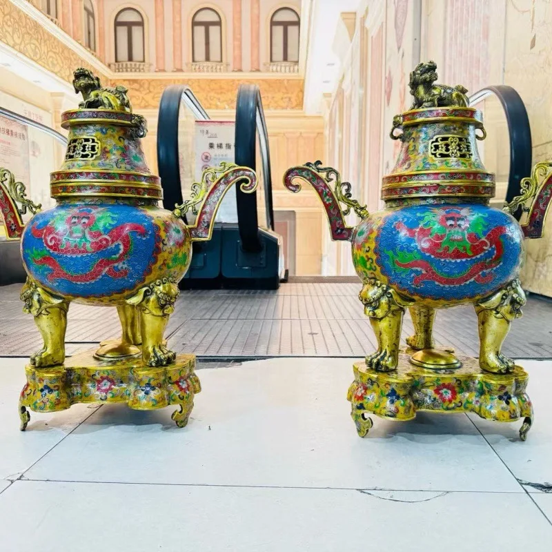 Brass boutique antique and old-fashioned, cloisonne three-layer long-eared Pixiu furnace ornament, copper Pixiu furnace