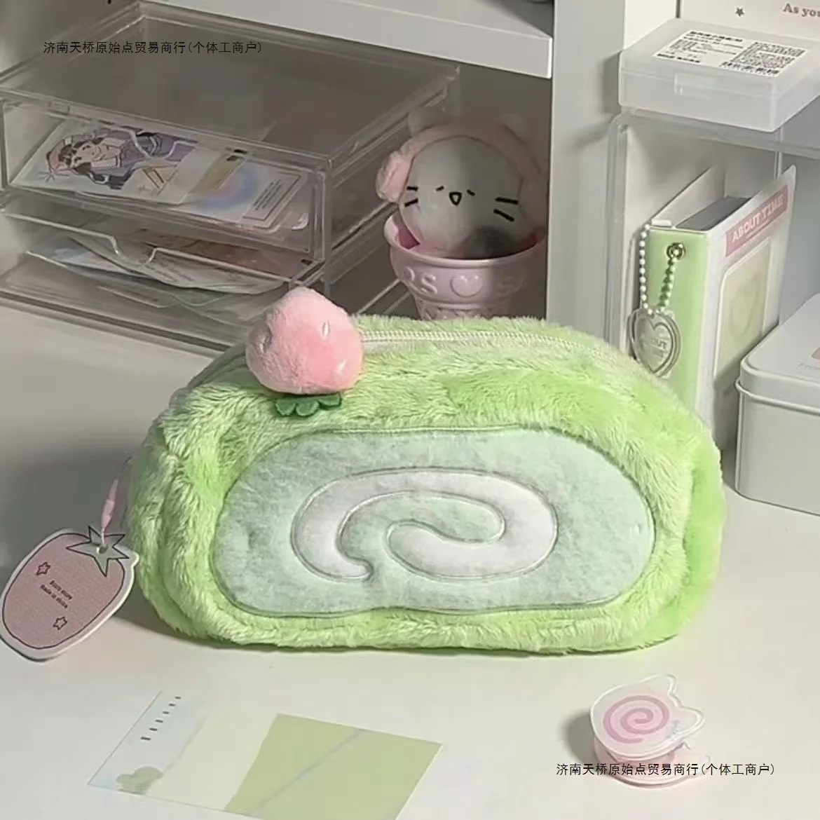 Bolsa de lápices suiza de melón de felpa, bolsa de almacenamiento de papelería versátil y creativa, papelería para estudiantes de gran capacidad para escritorio