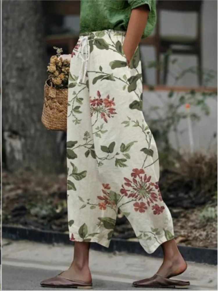 Calças femininas casuais cintura elástica cordão harem pant digital floral impressão calça longa praia escritório compras diariamente calças compridas