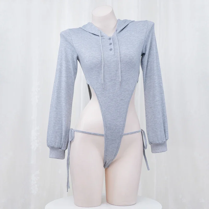 أنيمي فتاة المرأة رمادي كم طويل مقنع هوديي ارتداءها زي تأثيري ضمادة عالية الشق Playsuit هوديي الزي الملابس الداخلية فتاة
