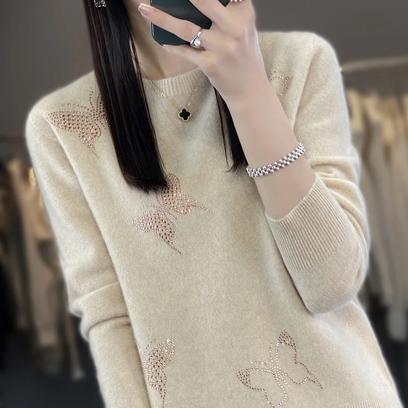 Autumn And Winter New Women's Round Neck Seamless Pullover Sweater Diamond Butterfly Soft Versatile Knitted Wool Underlay