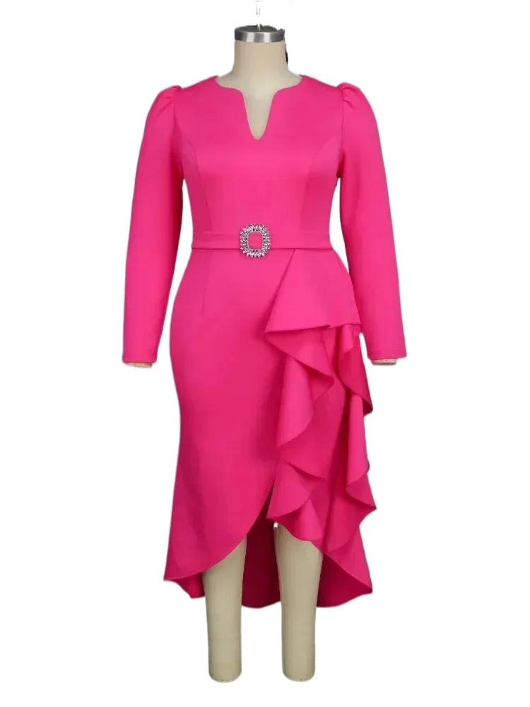 Elegant Party Dresses Fuchsia for Women V Neck Long Sleeve High Waist With Belt Irregular Ruffles Celebrate Gowns Wedding Guest