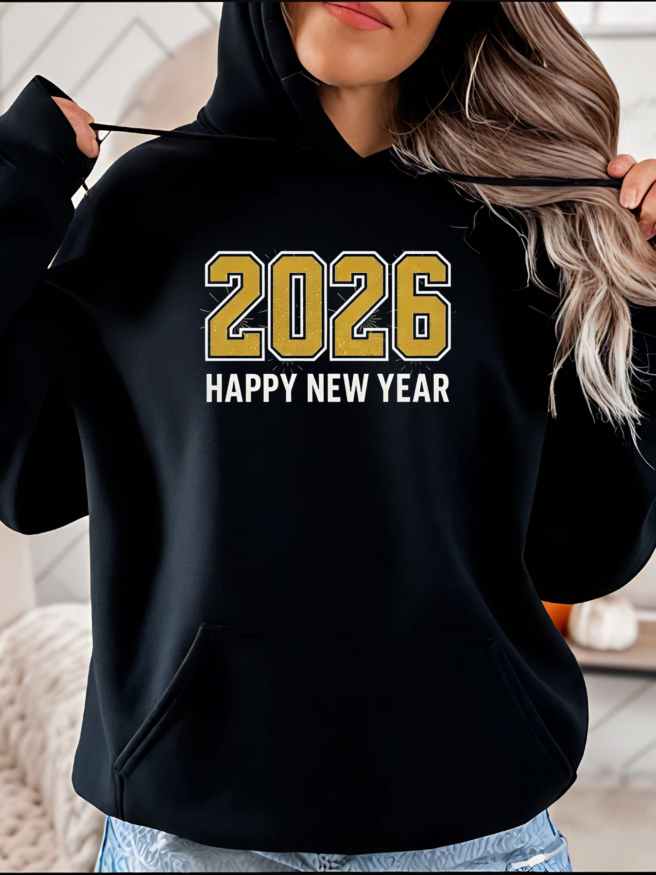 

2026 Толстовка с капюшоном «С Новым годом» с золотым принтом, повседневная толстовка, женская модная уличная одежда 280