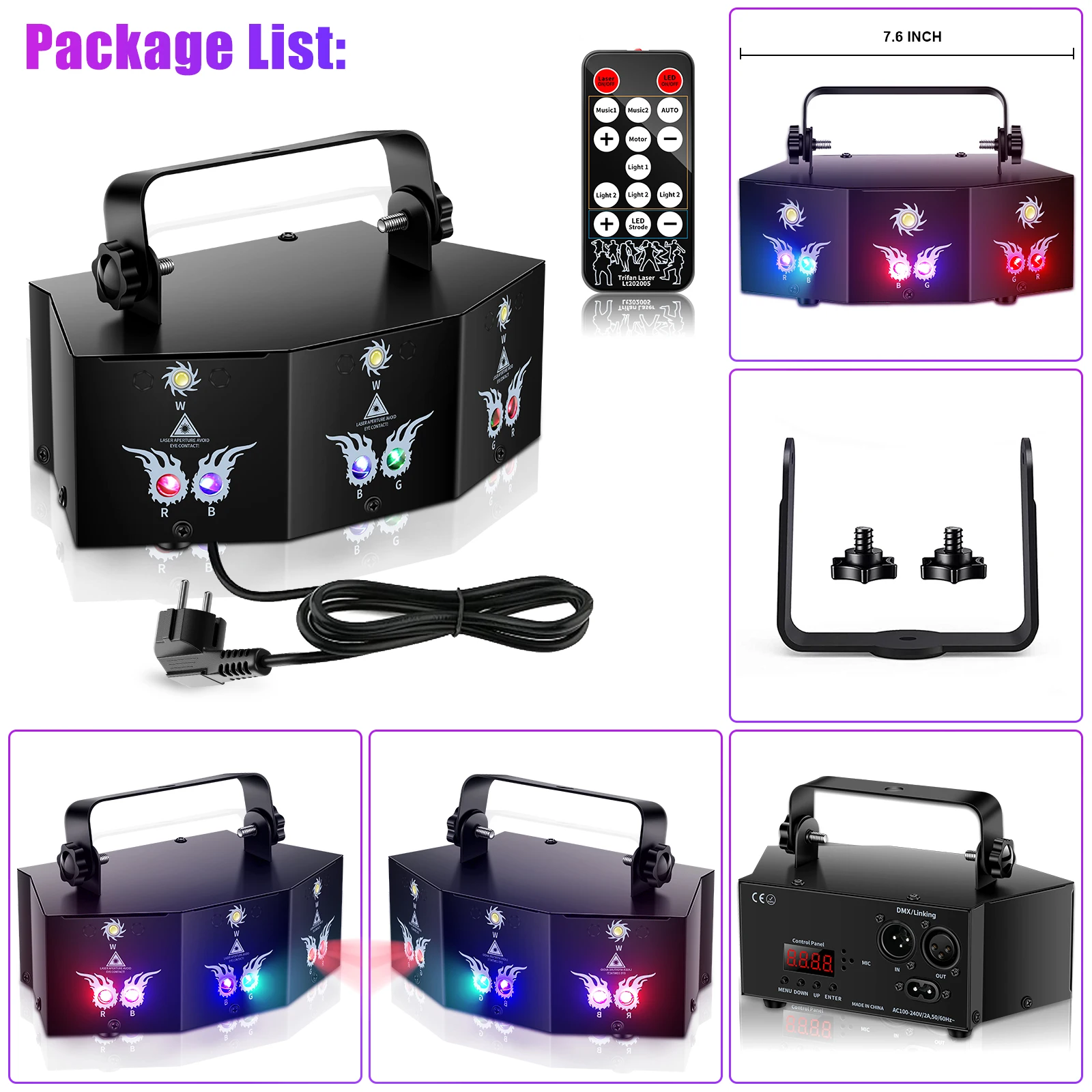 U'King 9-ogen projector RGB laserfeestlicht Afstandsbediening Podiumeffectverlichting 7CH DMX512 Nachtclubverlichting voor DJ Disco Show